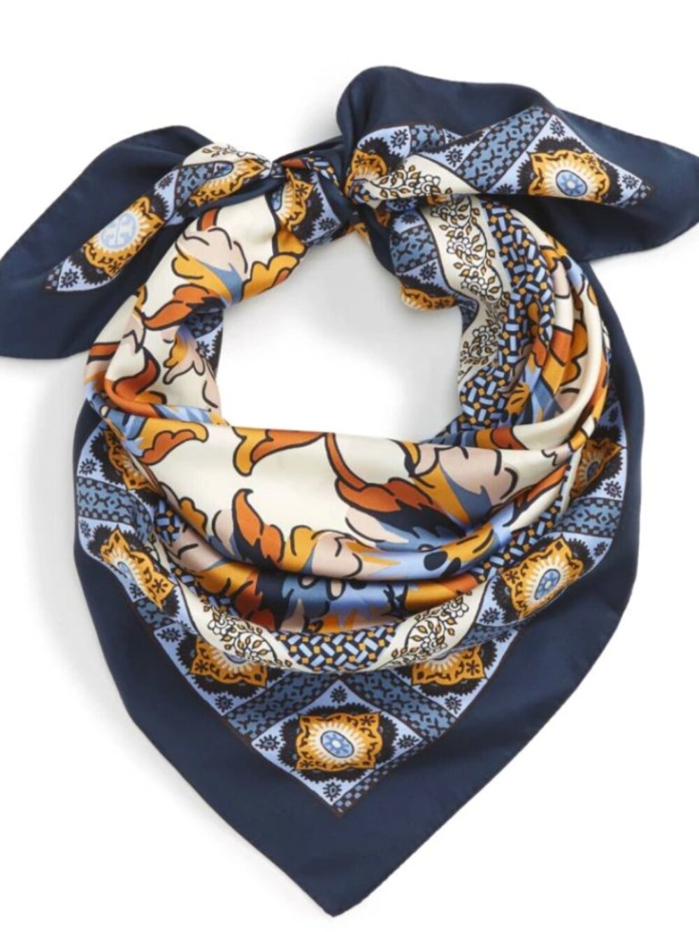 Tory Burch 35” Silk Square Scarf Floral Print Navy Orange Blue Design Tiger Lily